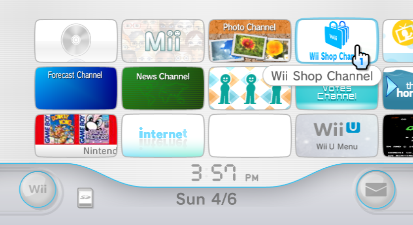 Wii Menu with the cursor hovering over Wii Shop