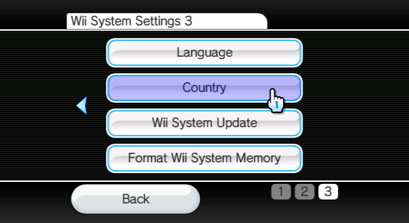 Wii Settings, hovering Country