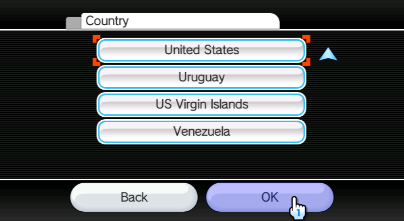 Wii Settings, selecting United States